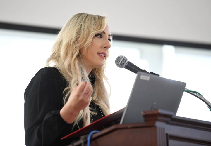 Franklin County Chamber of Commerce Executive Director Jessye Deane speaks at the chamber breakfast at Greenfield Community College Friday morning. 