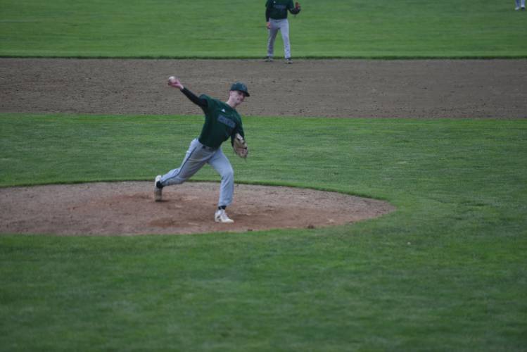 Greenfield's Caleb Thomas pitches against Franklin Tech during a Western Mass. Class C quarterfinal contest at Vets Field Wednesday. 