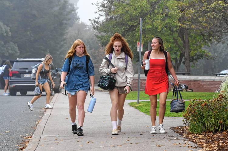Students arrive for the first day of school at Frontier Regional School in South Deerfield on Tuesday.