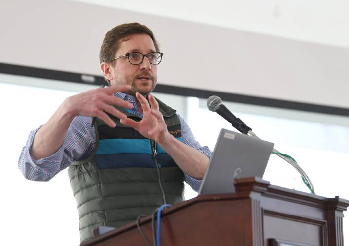 Thomas Bernardin, who serves as executive director of the Center for Data Science and Artificial Intelligence, and senior director of research computing and emerging technology at the University of Massachusetts Amherst, speaks at the Franklin County Chamber of Commerce breakfast at Greenfield Community College Friday morning.