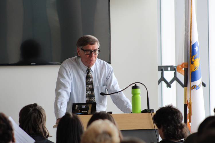 Rory Little, a Constitution scholar and professor of law at the UC Law San Francisco, explains the history of the Constitution to middle and high school students visiting the Franklin County Justice Center in Greenfield on Thursday.