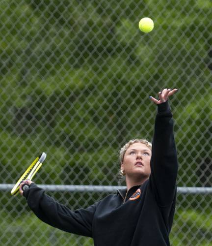 Belchertown's Amanda Murray serves the ball during the PVIAC Class B tournament championship against Frontier Regional at Belchertown High School, Wednesday, May 21, 2025, in Belchertown.