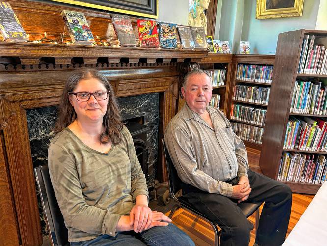 Selectboard candidates Katie Korby and Howard Phelps during Colrain’s Candidates Night at Griswold Memorial Library last week.