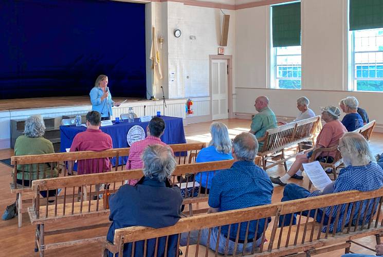 State Rep. Natalie Blais, D-Deerfield, shared details about recent and future legislation geared toward energy and protecting the environment during an event at Ashfield Town Hall on Friday.