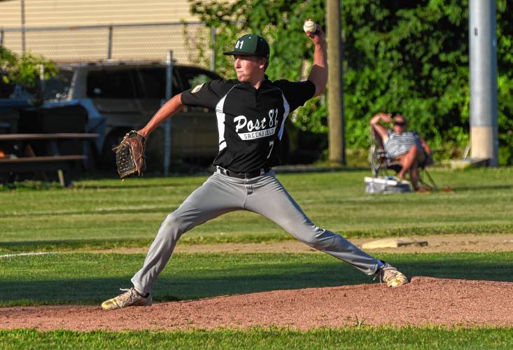 Greenfield’s Ben Werner delivers a pitch during Post 81’s 5-1 loss to East Springfield Post 420 during an American Legion Senior Division contest on Monday night at Vets Field in Greenfield
