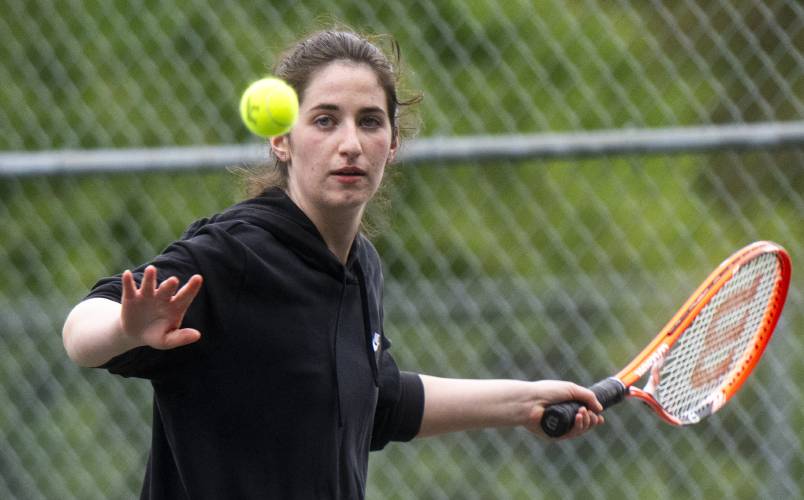 Belchertown's Katie Collins tracks the ball during the PVIAC Class B tournament championship against Frontier Regional at Belchertown High School, Wednesday, May 21, 2025, in Belchertown.