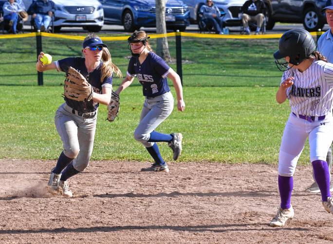 Franklin Tech’s Kaitlin Trudeau has Blackstone Valley Tech’s Maddie Collins caught in a rundown between first and second bases during the Eagles’ 7-3 victory at Nancy Gifford Field in Turners Falls on Tuesday. 