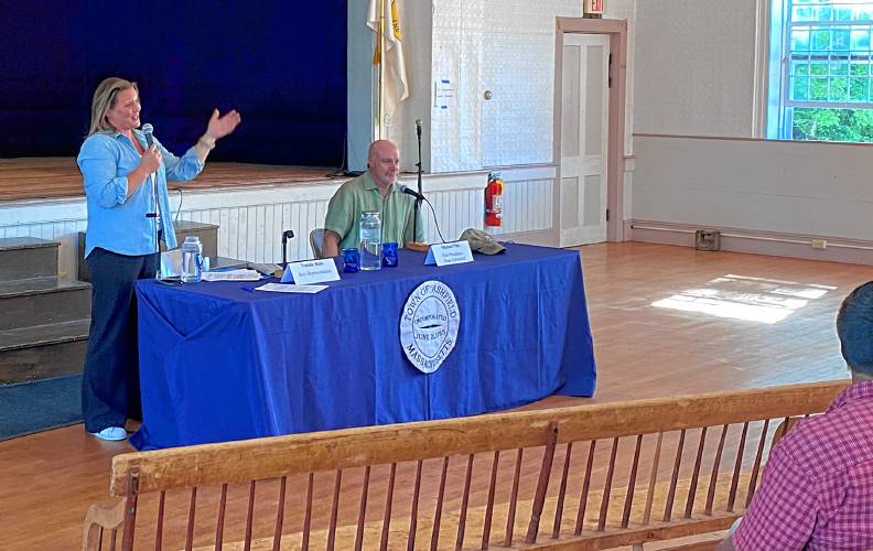 State Rep. Natalie Blais, D-Deerfield, shared details about recent and future legislation geared toward energy and protecting the environment during an event at Ashfield Town Hall on Friday. She was joined by former Trout Unlimited President Michael Vito to discuss environmental issues with the Deerfield River.