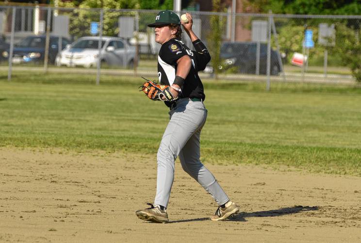 Greenfield second baseman Arthur Fitzpatrick throws out a runner during Post 81’s 5-1 loss to East Springfield Post 420 during an American Legion Senior Division contest on Monday night at Vets Field in Greenfield.