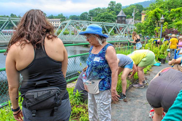 Bridge of Flowers Committee Co-Chair Lynda Leitner speaking with an attendee at the plant collection event on Saturday. 