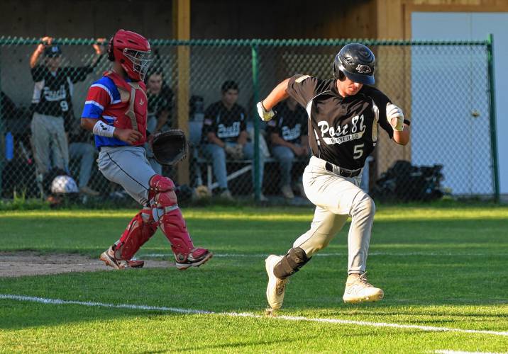 Greenfield’s Braeden Tsipenyuk (5) tries to beat out an infield ground ball during Post 81’s 5-1 loss to East Springfield Post 420 during an American Legion Senior Division contest on Monday night at Vets Field in Greenfield.