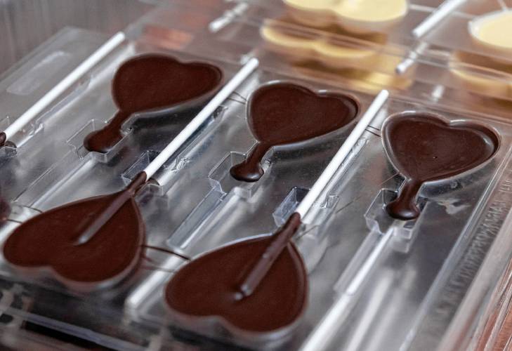 White and dark chocolate hearts at Richardson’s Candy Kitchen in Deerfield.