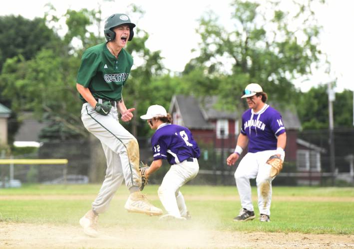 Greenfield’s Caleb Thomas celebrates against Bourne during the MIAA Division 5 state tournament last spring.