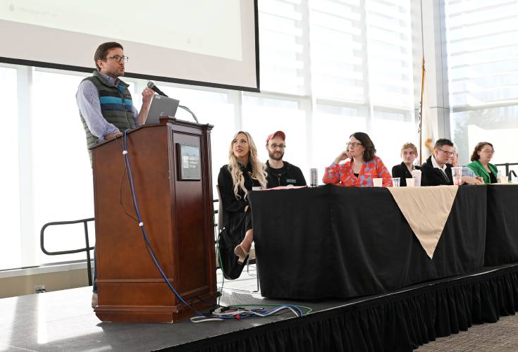 Thomas Bernardin, who serves as executive director of the Center for Data Science and Artificial Intelligence, and senior director of research computing and emerging technology at the University of Massachusetts Amherst, speaks at the Franklin County Chamber of Commerce breakfast at Greenfield Community College Friday morning.