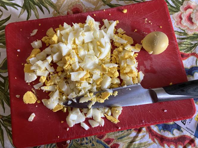 I like to have a couple of hard-boiled eggs on hand. They perk up a salad. They are divine when deviled. And they are everywhere right now because of Easter.