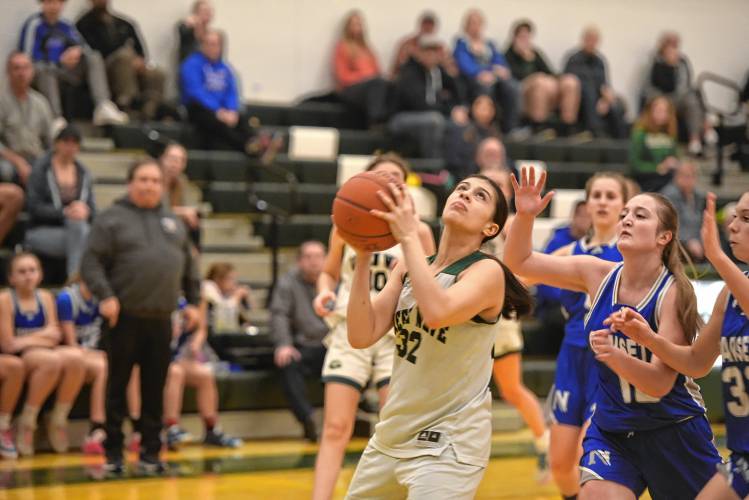 Greenfield’s Niya Strohman goes up for a layup against Narragansett in a MIAA Div. 5 Round of 32 contest at Nichols Gymnasium on Wednesday. 