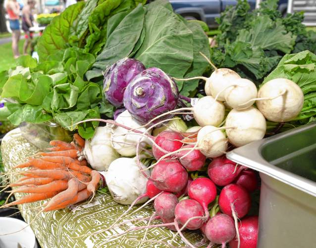 Produce from Red Fire Farm at the Great Falls Farmers Market in Peskeomskut Park in Turners Falls.