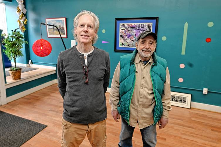 JJ White and Terry Marashlian in the Art Deviation Gallery & Store on Main Street in Greenfield.