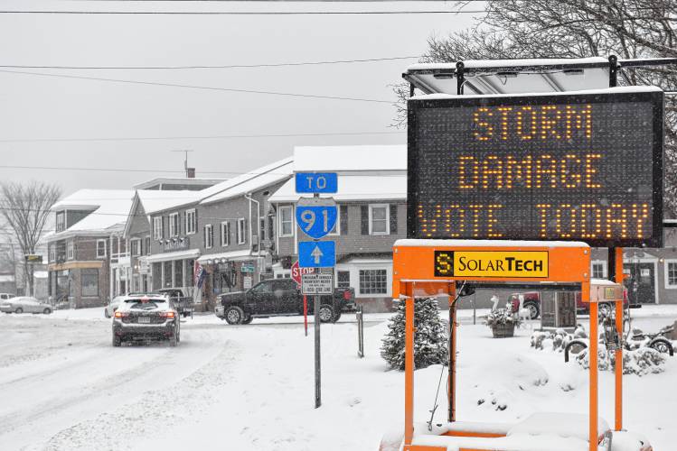 An illuminated sign in South Deerfield urges residents to vote in Deerfield’s special election on Tuesday.