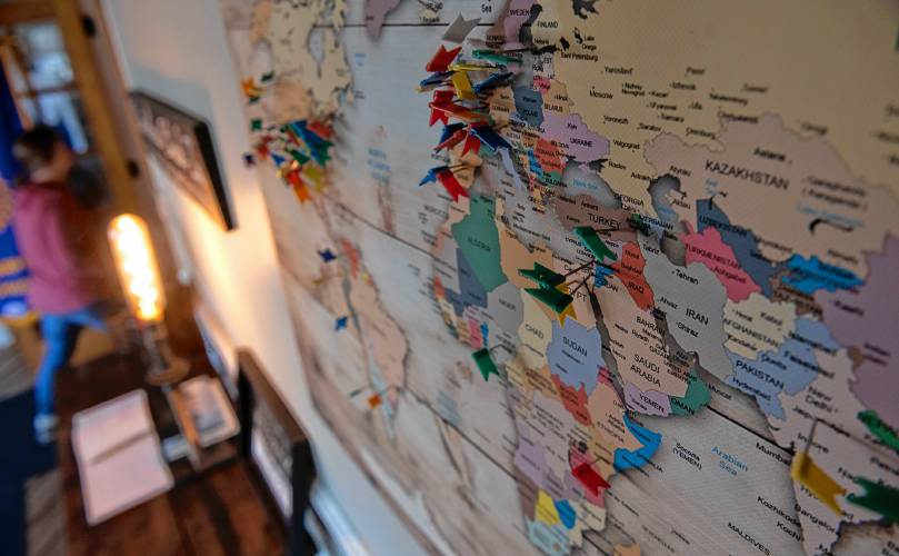 A map at the entrance of the Old Mill in Hatfield shows all the places people have come from to stay at the inn.