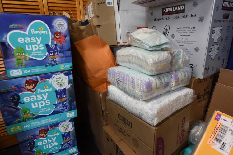 All types of disposable diapers at the United Way of the Franklin & Hampshire Region’s Greenfield offices on Davis Street.