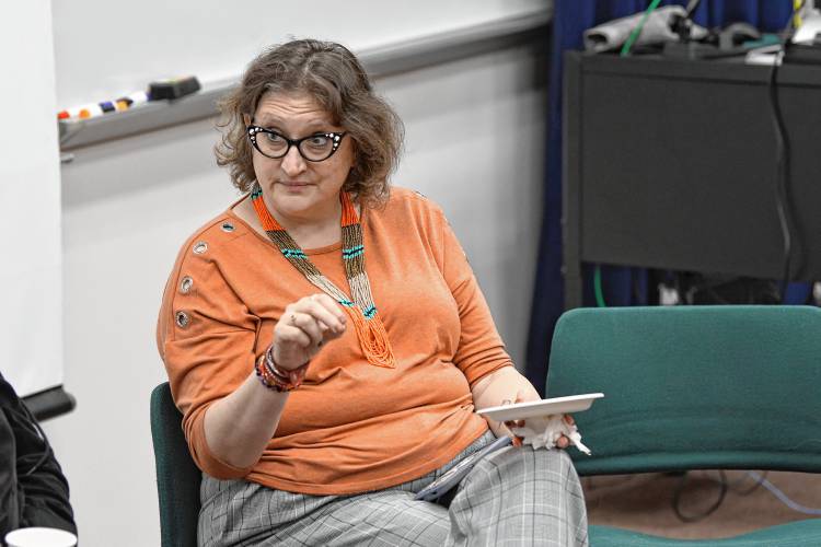 Dean of Students Shelley Errington Nicholson led a post-election dialogue in the Stinchfield Lecture Hall at Greenfield Community College on Thursday.