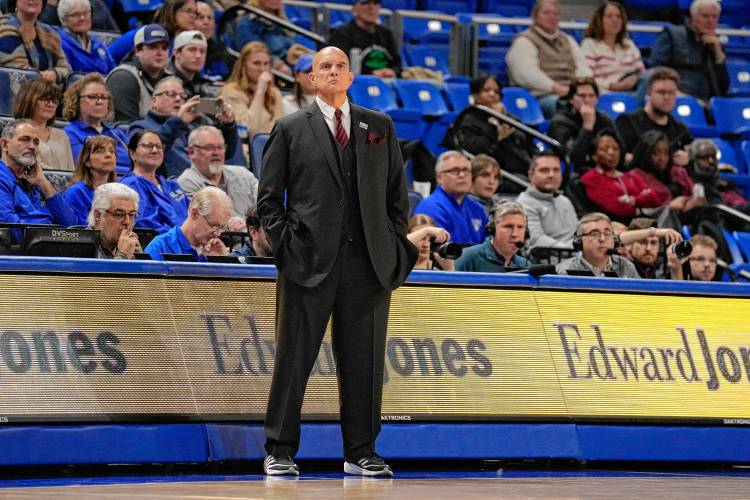 Massachusetts head coach Frank Martin is seen on the sidelines during the first half of an NCAA college basketball game against Saint Louis Saturday, Jan. 27, 2024, in St. Louis. Massachusetts head coach Frank Martin is seen on the sidelines during the first half of an NCAA college basketball game against Saint Louis Saturday, Jan. 27, 2024, in St. Louis.