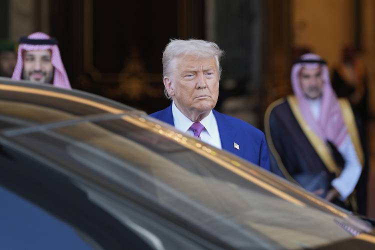 President Donald Trump looks on as he leaves the Royal Palace after a signing ceremony with Saudi Crown Prince Mohammed bin Salman in Riyadh, Saudi Arabia, Tuesday, May 13, 2025. President Donald Trump looks on as he leaves the Royal Palace after a signing ceremony with Saudi Crown Prince Mohammed bin Salman in Riyadh, Saudi Arabia, Tuesday, May 13, 2025.