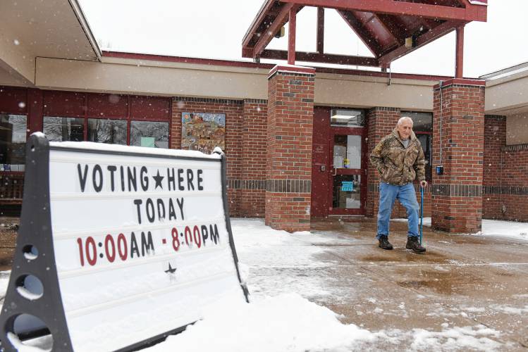 People came out early to beat the weather to vote in Deerfield’s special election on Tuesday. 