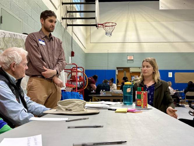 Community members discuss how they envision the future of Charlemont during a Master Plan brainstorming session at Hawlemont Regional School last week.