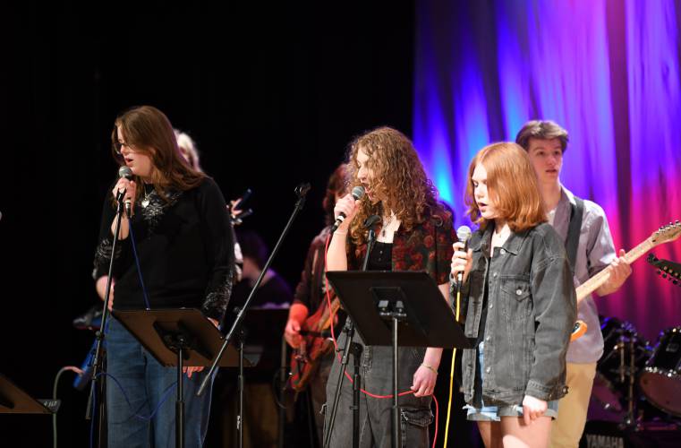 Vocalists from the Frontier Modern Band Class at Frontier Regional School perform for students in the auditorium last week.