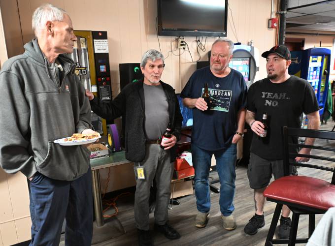 Former Kennametal employees gathered at St. Kazimierz Society in Turners Falls after their final shifts on Tuesday. From left are David Deskavich, of Turners Falls, 47 years on the job; Shawn Coates, of Greenfield, 36 years; Marc Avery, of Chicopee, 10 years; and Eric Dietz, of Sunderland, 10 years.