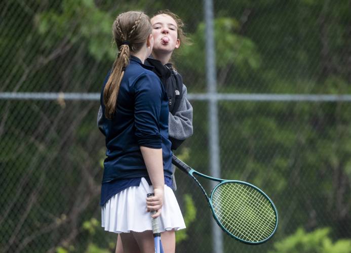 Frontier Regional's Esther Ehle sticks their tongue out to a crowd member during the PVIAC Class B tournament championship against Belchertown at Belchertown High School, Wednesday, May 21, 2025, in Belchertown.
