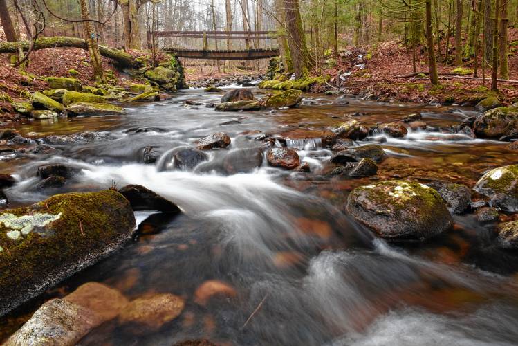 A footbridge for the M&M Trail over Mormon Hollow Brook in the Wendell State Forest.