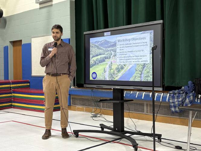 Eli Bloch, an associate planner with Dodson & Flinker, discusses what a Master Plan is during a brainstorming session at Hawlemont Regional School in Charlemont last week.