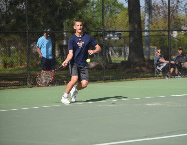 Frontier's Casey Bestler competes in No. 1 singles against Greenfield at the Davis Street Courts Friday. 