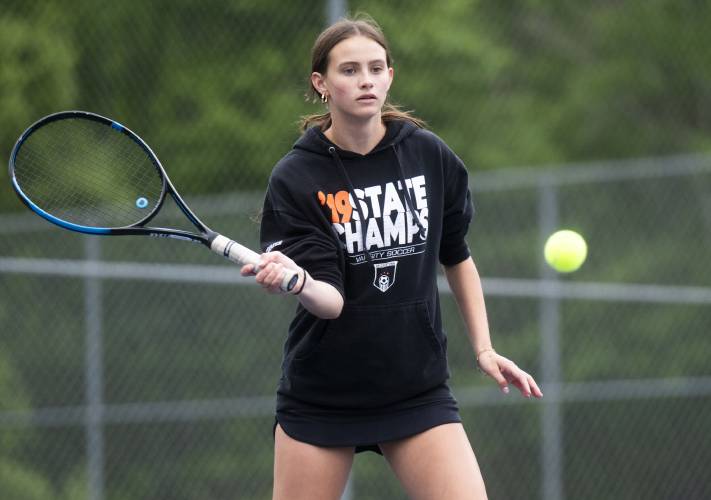 Belchertown's Mia Corish competes during the PVIAC Class B tournament championship against Frontier Regional at Belchertown High School, Wednesday, May 21, 2025, in Belchertown.