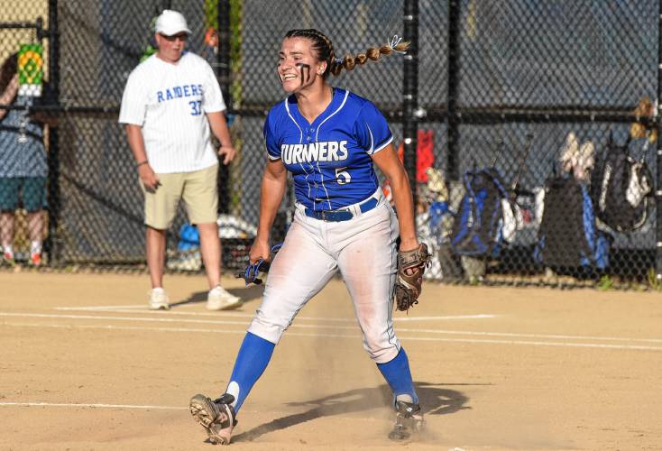 Turners Falls pitcher Madi Liimatainen celebrates after striking out a Hopedale batter during the Thunder’s 4-1 victory in the MIAA Division 5 semifinal round on Wednesday night at Rockwood Field in Worcester.