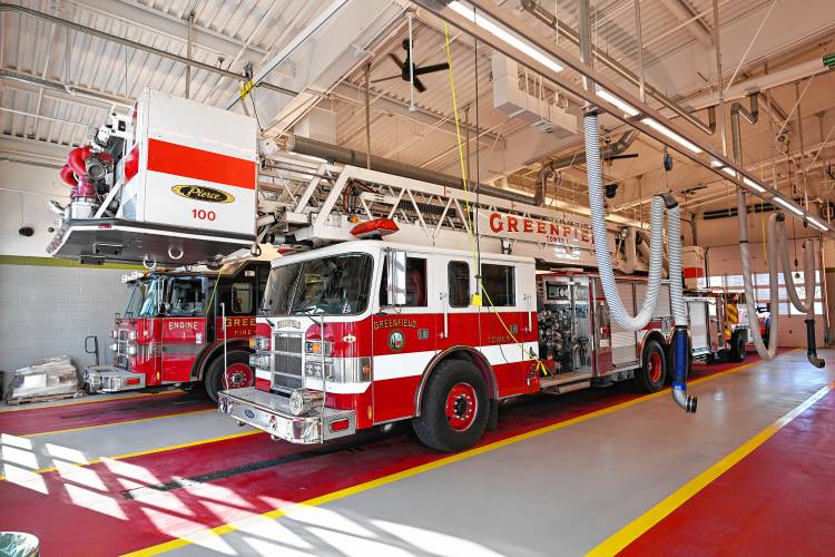 The Greenfield Fire Department’s Tower 1 ladder truck at the Greenfield Fire Station.