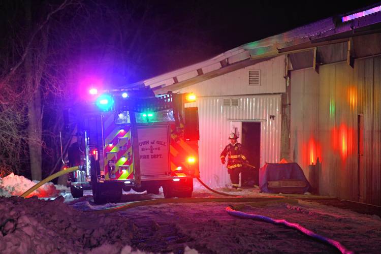 Several area fire departments responded to extinguish a fire at Northfield Mount Hermon School’s McCollum Hockey Arena in Gill on Wednesday evening. 