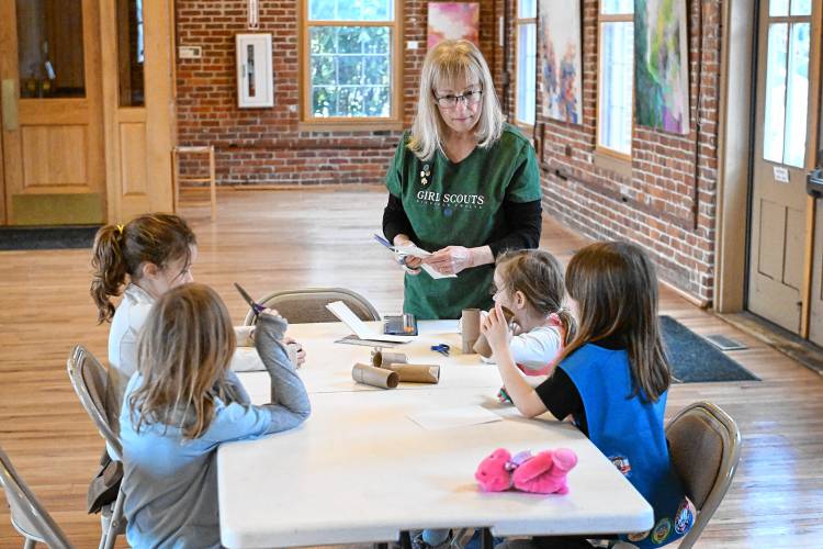 Nancy Gottlieb does crafts with Girl Scout Troop 65541 at the Great Falls Discovery Center in Turners Falls on Thursday. Nancy Gottlieb does crafts with Girl Scout Troop 65541 at the Great Falls Discovery Center in Turners Falls on Thursday.