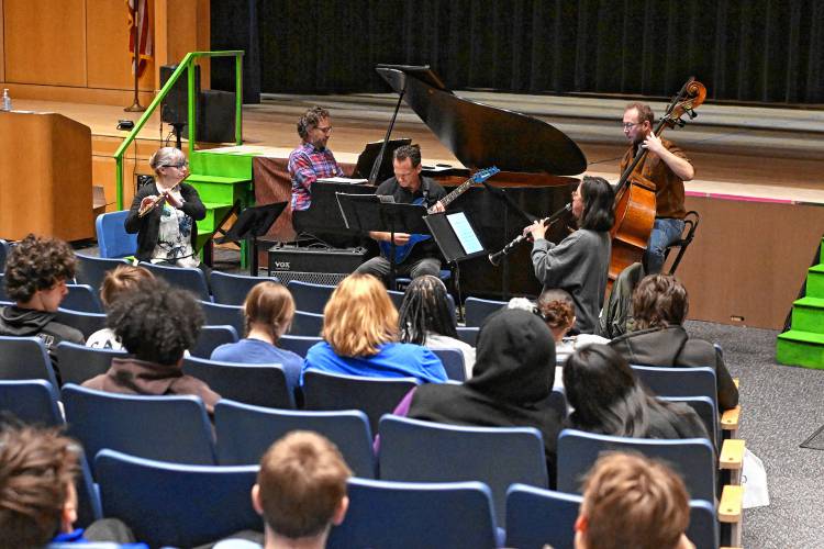 The NOW Ensemble performs for students at Turners Falls High School on Friday. The performance was sponsored by Antenna Cloud Farm in Gill. The NOW Ensemble performs for students at Turners Falls High School on Friday. The performance was sponsored by Antenna Cloud Farm in Gill.