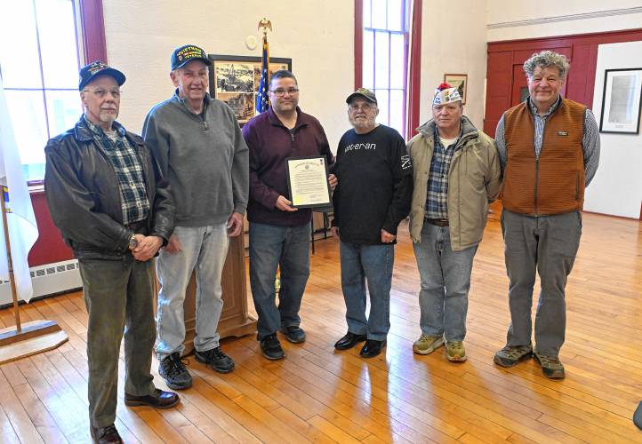 Veterans and members of the Shelburne Falls Veterans of Foreign Wars Post 8503 Greg Zagrubski, Doug March, Buckland Selectboard Chair Clint Phillips, veterans Arthur Phillips, John Chadwick and Joe Moynihan after a March 4 ceremony at Buckland Town Hall. 