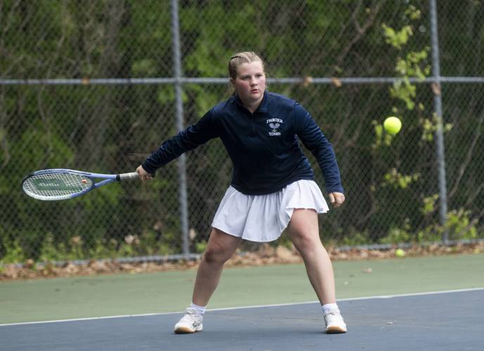 Frontier Regional's Aylen Shaw competes during the PVIAC Class B tournament championship against Belchertown at Belchertown High School, Wednesday, May 21, 2025, in Belchertown.
