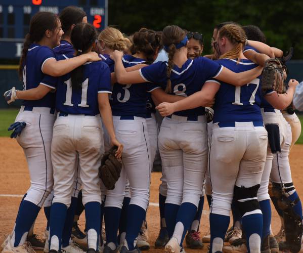 The Turners Falls softball team celebrates after winning the Western Mass. Class D title over Hoosac Valley on Wednesday at Westfield State University.