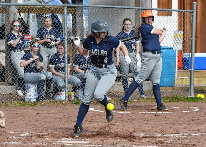 Franklin Tech’s Cordelia Guerin is struck by a pitch against Blackstone Valley Tech during the Eagles’ 7-3 victory at Nancy Gifford Field in Turners Falls on Tuesday. 