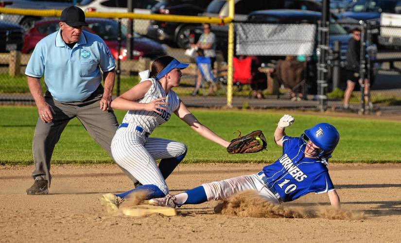 Turners Falls’ Addison Talbot (10) slides into second base on a steal attempt during the Thunder’s 4-1 victory over Hopedale in the MIAA Division 5 semifinal round on Wednesday night at Rockwood Field in Worcester. Talbot was called out on the play.