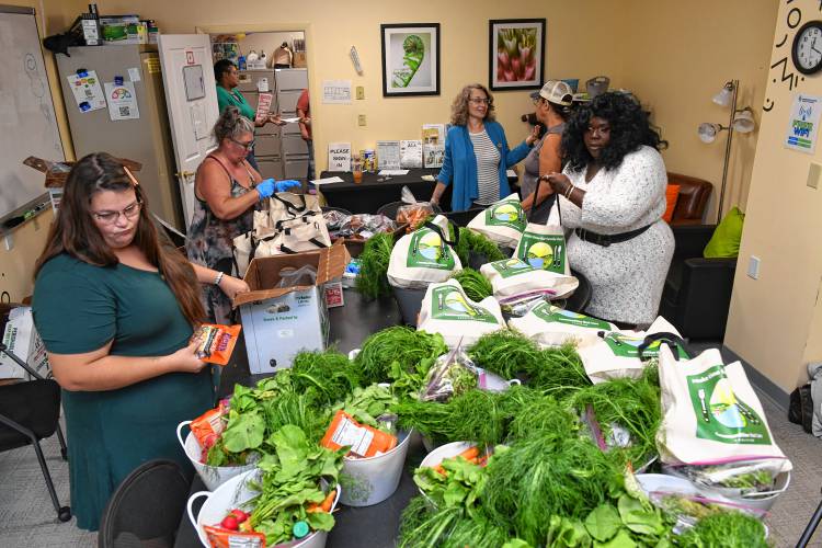 In celebration of National Family Day on Monday, the Communities That Care Coalition’s PEER Ambassadors pack up family meals at the Family Resource Center at 90 Federal St. in Greenfield.