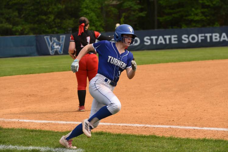 Turners Falls’ Mia Marigliano rounds third and heads toward home to score a run during the Thunder’s 12-1 win over Hoosac Valley in the Western Mass. Class D final on Wednesday at Westfield State University.