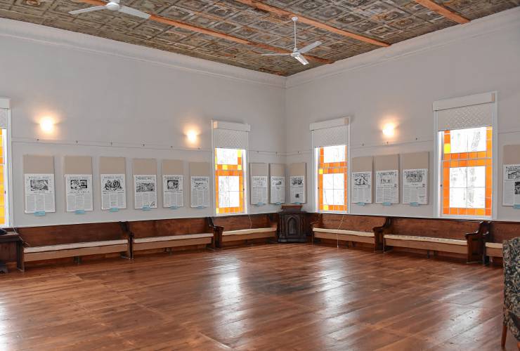 Enlarged copies of the Wendell Post, a volunteer-driven newspaper published from 1977 and 2001, are on display at the Wendell Meetinghouse.